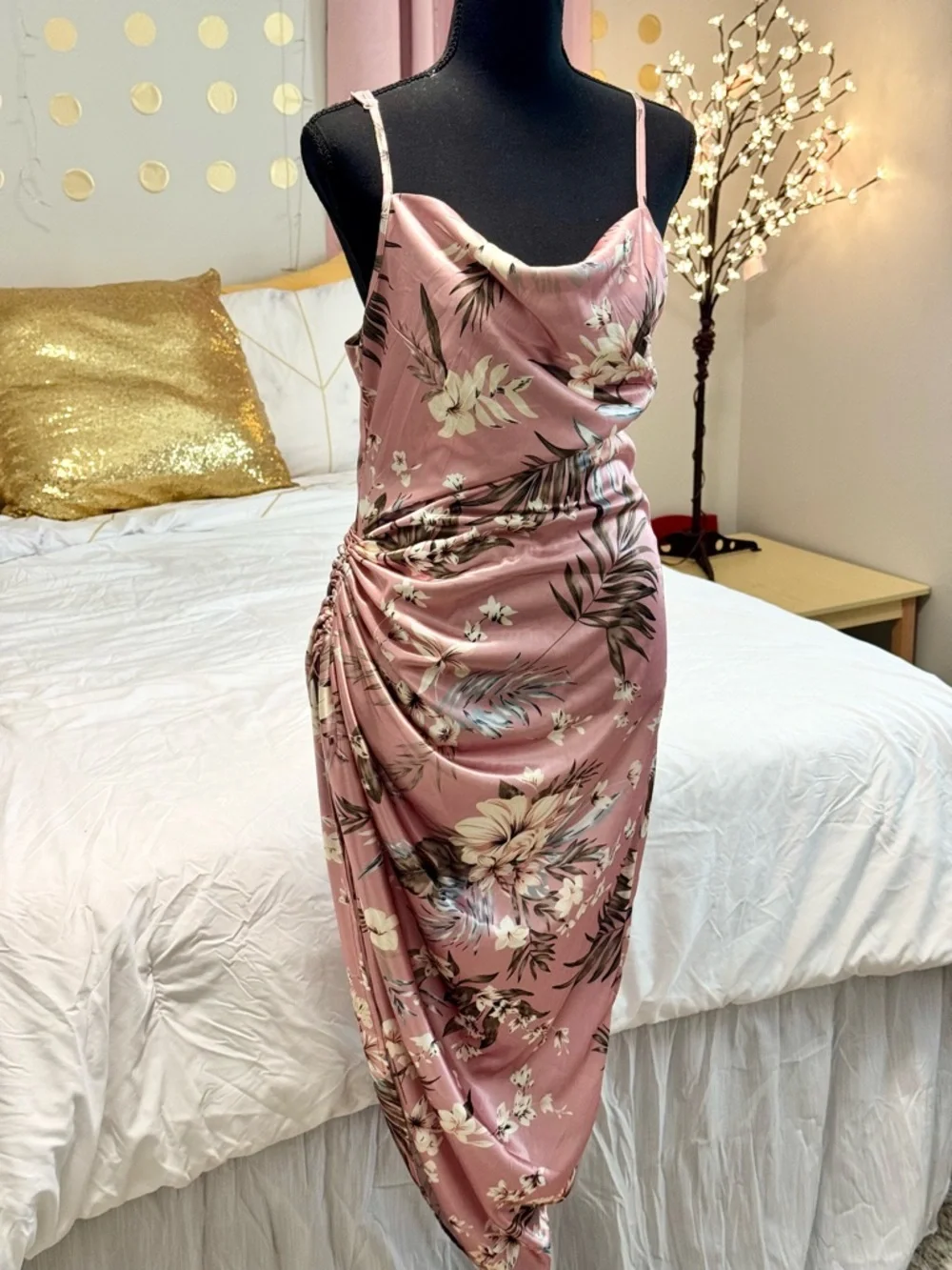 Mauve Floral Cowl Neck Ruched Slip Dress - Picture 2 of 8